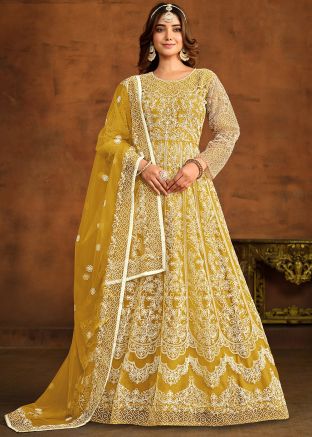 Yellow Embroidered Net Anarkali Suit