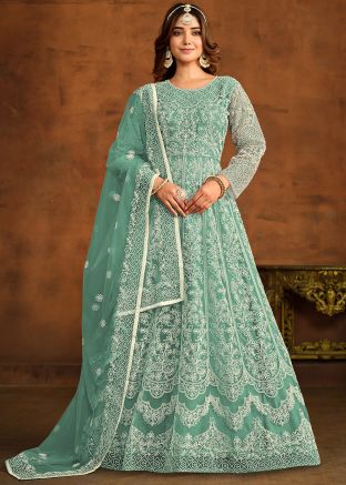 Seafoam Green Embroidered Net Anarkali Suit Set
