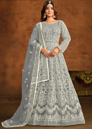 Grey Cord  Embroidered Net Anarkali Suit