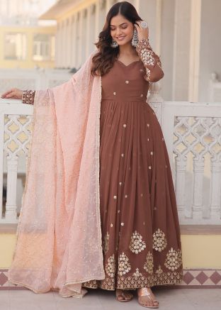 Brown Readymade Embroidered Georgette Anarkali Suit