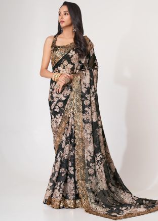Black Organza Saree With Digital Floral Print