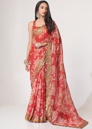 Red Digital Floral Printed Organza Saree & Blouse