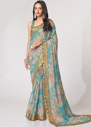 Blue Digital Floral Printed Contemporary Style Saree