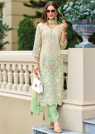 Cream & Green Embroidered Readymade Pant Suit