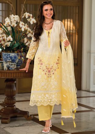 Cream & Yellow Embroidered Readymade Pant Suit Set