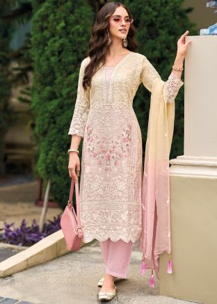 Readymade Cream & Pink Embroidered Pant Suit