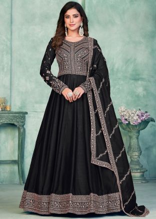 Black Embroidered Art Silk Anarkali Suit