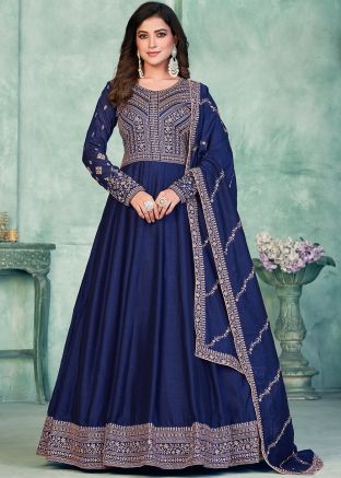 Navy Blue Embroidered Anarkali Suit In Art Silk