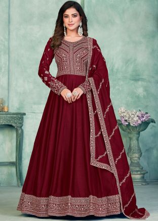 Maroon Embroidered Anarkali Style Suit
