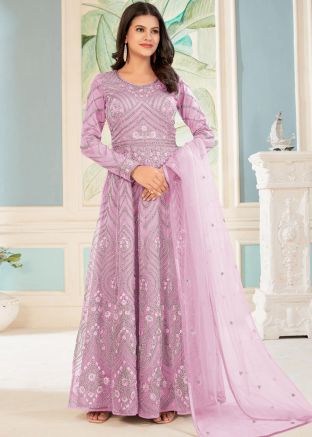 Purple Embroidered Anarkali Suit Set