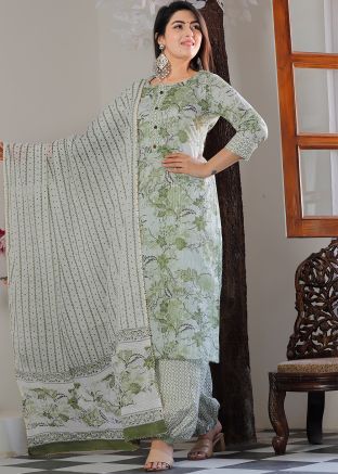 Readymade Green Floral Cotton Pant Suit