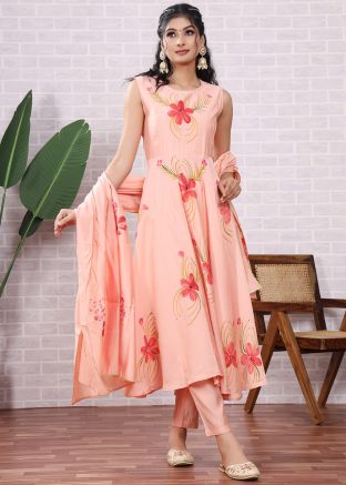 Readymade Peach Hand Painted Anarkali Pant Suit