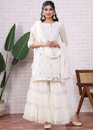 Readymade White Hand Block Print Sharara Suit