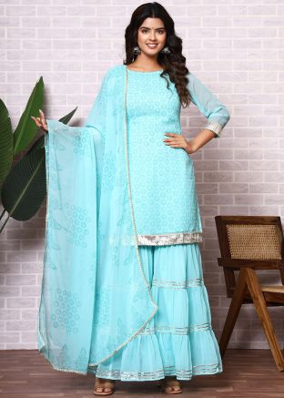 Readymade Blue Hand Block Print Sharara Suit