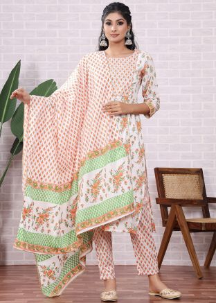 White Readymade Floral Print Pant Suit Set