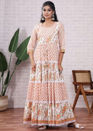 Readymade White Hand Block Print Anarkali Suit