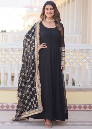 Readymade Black Embroidered Georgette Anarkali Suit
