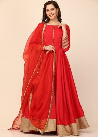 Readymade Red Laced Anarkali Suit In Art Silk