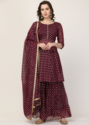 Readymade Maroon Foil Print Sharara Suit