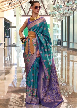 Blue Silk Saree In Stripe Print