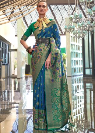 Blue Silk Saree In Zari Woven Work