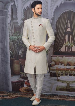 White Embroidered Readymade Groom Sherwani Online USA