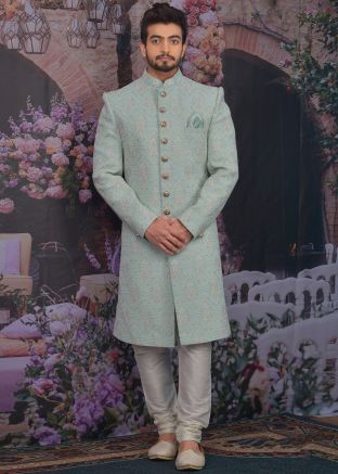 Readymade Blue Chikankari Embroidered Sherwani Churidar Set