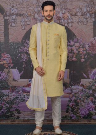 Yellow Embroidered Readymade Sherwani Churidar Set