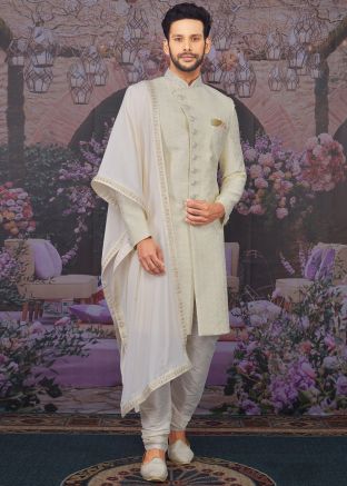 Off White Embroidered Groom Sherwani Churidar Set
