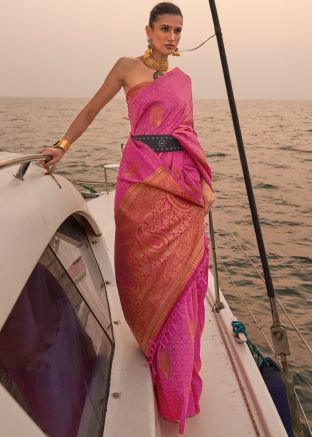 Pink Satin Saree In Woven Work