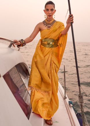 Yellow Woven Pallu Satin Saree 