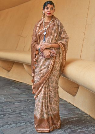 Brown Floral Printed Cotton Saree
