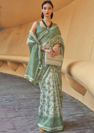 Green Cotton Saree In Floral Print