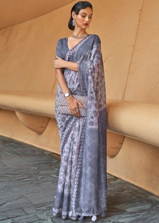 Grey Floral Print Saree In Cotton