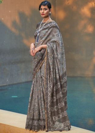 Grey Classic Style Floral Print Saree