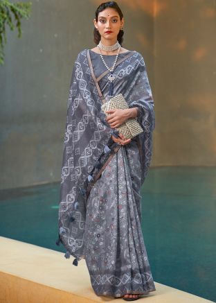 Grey Floral Printed Cotton Saree With Blouse