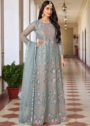 Grey Embroidered Anarkali Suit In Net