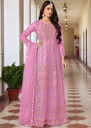 Pink Embroidered Anarkali Suit In Net