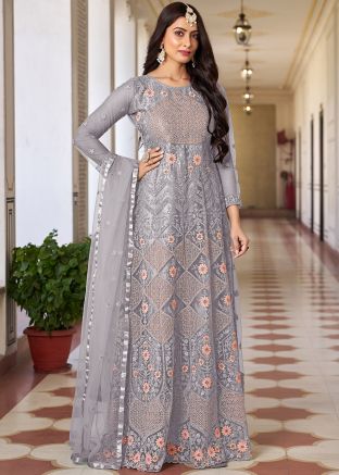 Grey Embroidered Net Anarkali Suit