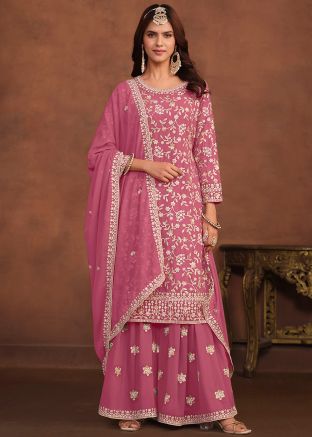 Pink Embroidered Palazzo Suit In Georgette