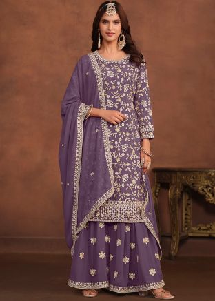 Purple Embroidered Georgette Palazzo Suit Set