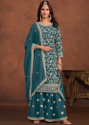 Teal Blue Embroidered Georgette Palazzo Suit Set
