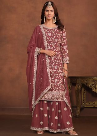 Mauve Pink Georgette Palazzo Style Suit