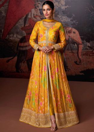 Yellow Front Slit Readymade Chiffon Anarkali Suit