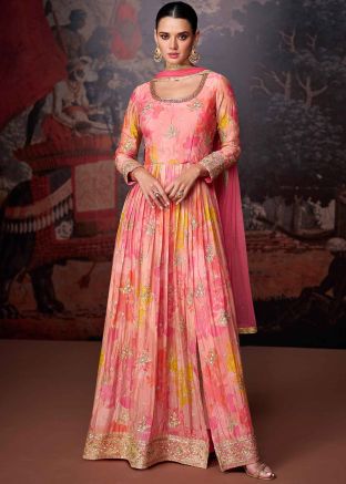 Pink Readymade Embroidered Georgette Anarkali Suit In Side Slit
