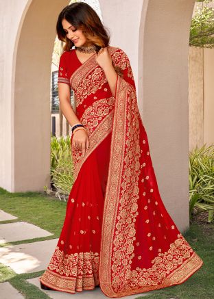 Red Zari Woven Saree In Georgette