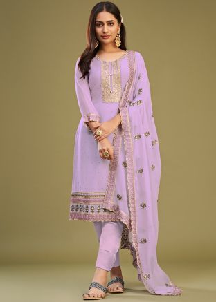 Purple Embroidered Pant Suit In Georgette