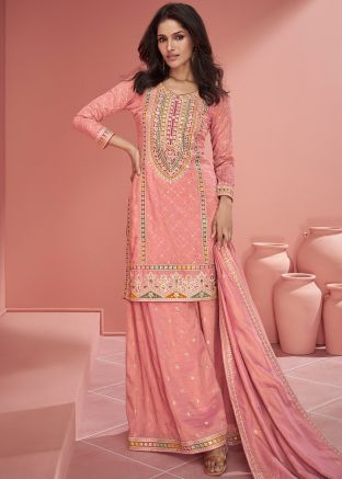 Peach Embroidered Organza Sharara Suit Set