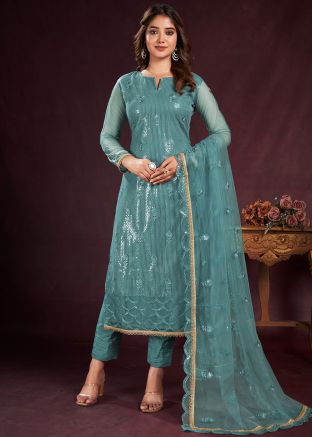 Blue Sequins Embellished Net Pant Suit