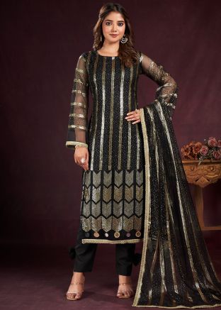 Black Net Pant Suit In Sequins Embellishment